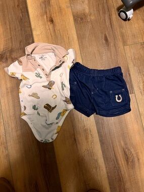 Baby Starters Cowboy Print Cream Bodysuit with Navy Shorts Set